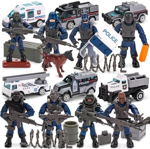 3 otters 14PCS Policemen Action Figure Set, 8 SWAT Building Blocks with Movable Joints 1:36 Scale Army Men Soldiers and 6 Vehicles for Boys Birthday Gift 3 otters