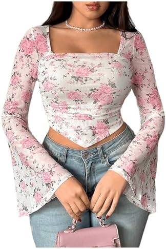 MakeMeChic Women's Floral Print Mesh Long Sleeve Square Neck Ruched Tee Shirt Crop Tops MakeMeChic