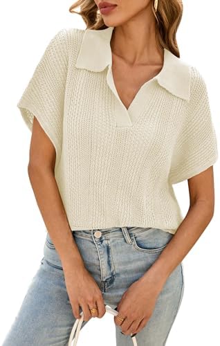 Cakulo Spring Summer Crochet Tops for Women 2025 Crop Knit Short Sleeve Polo V Neck Collared Hollow Out Sweater Top Cakulo