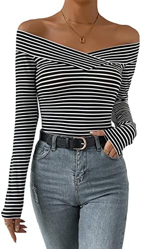 Verdusa Women's Casual Striped Print Criss Cross Tee Off Shoulder Long Sleeve Fitted T Shirts Verdusa