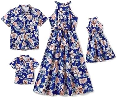 PATPAT Family Hawaiian Matching Outfits Mommy and Me Outfits Caribbean Vacation Summer Tropical Halter Sundresses and Shirts Patpat