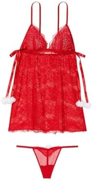 Victoria's Secret Flyaway Lace Babydoll Set Fluffy Pom Poms Color Red New Victoria"s Secret