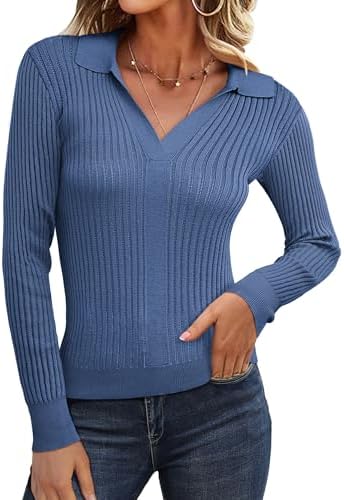 GRACE KARIN Women's 2024 Long Sleeve Pullover Sweaters Casual Fall Collar V-Neck Knitted Lightweight Polo Sweater Tops Grace Karin