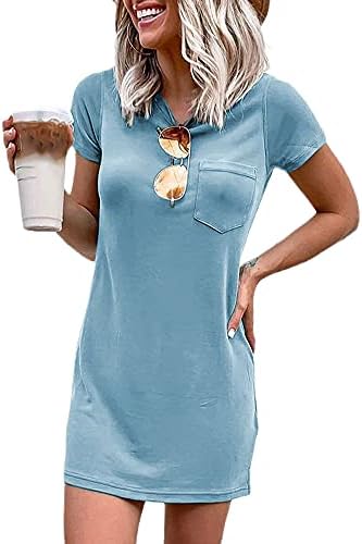 Ladiyo Women T Shirt Dress Summer Fashion Mini Dress Crew Neck Short Sleeve Dress Solid Color Casual Dress with Pocket Ladiyo