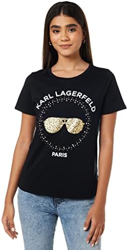 KARL LAGERFELD Iconic Short Sleeve Sunglass Tops – Crewneck Shirts for Women with Sequin Design and Klp Logo Karl Lagerfeld