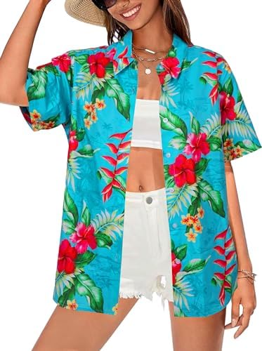 Women Hawaiian Shirt Floral Tropic Print Tee Hawaii Button Down Tshirt Beach T Shirt Summer Short Sleeve Tops Vilove