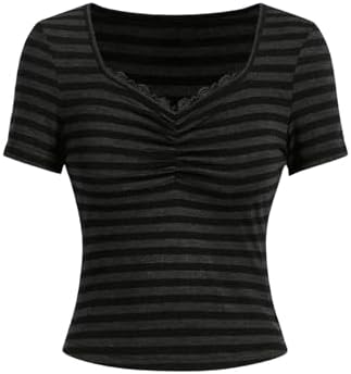 Women's Casual Striped Print T Shirt Short Sleeve Lace Trim Slim Fit Y2K Tee Tops RoseSeek