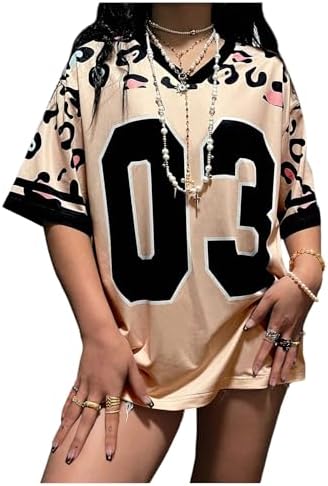 MakeMeChic Women's Number Graphic Leopard Print V Neck Tops Half Sleeve Oversized Jersey Shirts MakeMeChic