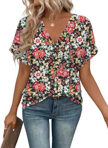 Womens Basic Tops Short Sleeve V Neck Tee Vintage Floral Graphic Casual Fashion Trendy Blouse Summer Spring Outfits EyMuse