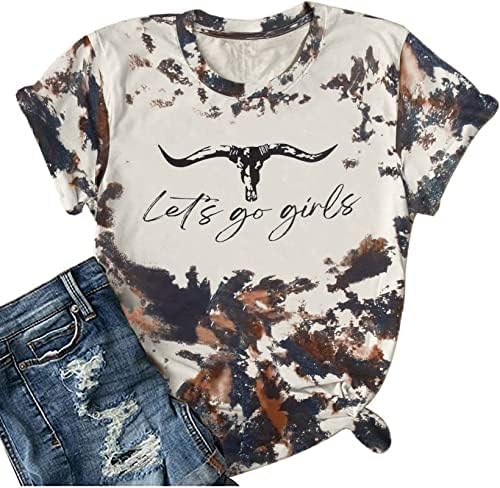 Let's Go Girl Shirt Women Western Bleached T-Shirt Retro Country Music Tee Shirt Cowgirls Shirts Short Sleeve Tops Bangely