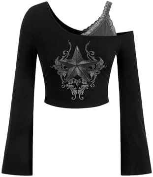 SOLY HUX Women's Y2k Graphic Tees Lace Trim Cold Shoulder Long Sleeve Star Print T Shirt Crop Tops Soly Hux