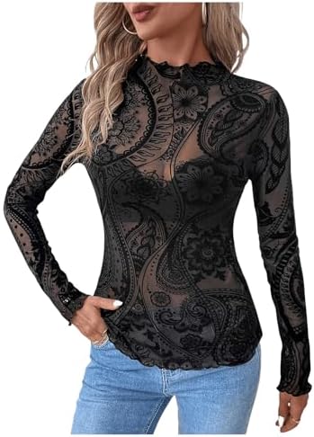 Floerns Women's Elegant Paisley Long Sleeve T Shirt Mock Neck Sheer Mesh Tops Floerns