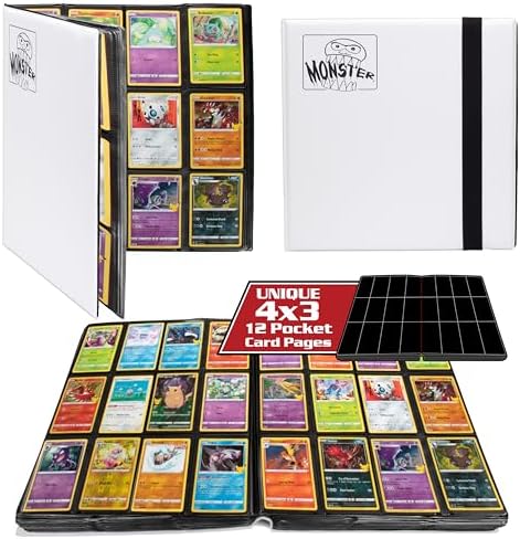 Monster 12 Pocket Trading Card Binder - Matte Black Album, Anti-Theft & Anti-Drop TCG Protection w Side Loading Padded Pockets, Double Sided, Holds 480 Cards, For Sports, Gaming, Kpop, Gift Monster Protectors