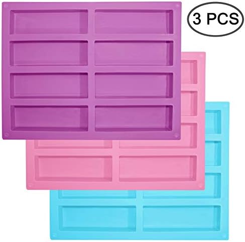 SENHAI 3 Pack Rectangle Silicone Molds, 8-Cavity Flexible and Non-stick DIY Soap Molds Energy Bar Cereal Bar Maker Chocolate Cake Loaf Bread Baking Pans - Pink, Blue, Purple SENHAI