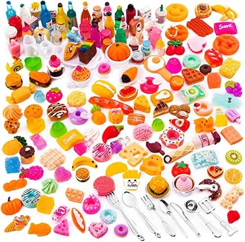 160 Pcs Mini Food Toys, Miniature Food Drinks Bottles for Doll Kitchen Pretend Play, Mixed Resin Kitchen Food Cutlery Toys for Adults Teenagers Doll House Ffniu