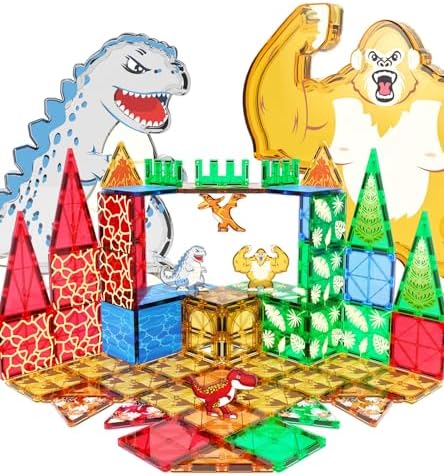 Dinosaurs Toys Magnetic Tiles for Kids 3-5, Dino,King Kong and Godzilla Animals World Construction Tile for Toddlers Ages 5-7, Magnet Building Blocks for Boys Girls Ages 3+ 4-8 8-12 Year Old Asago