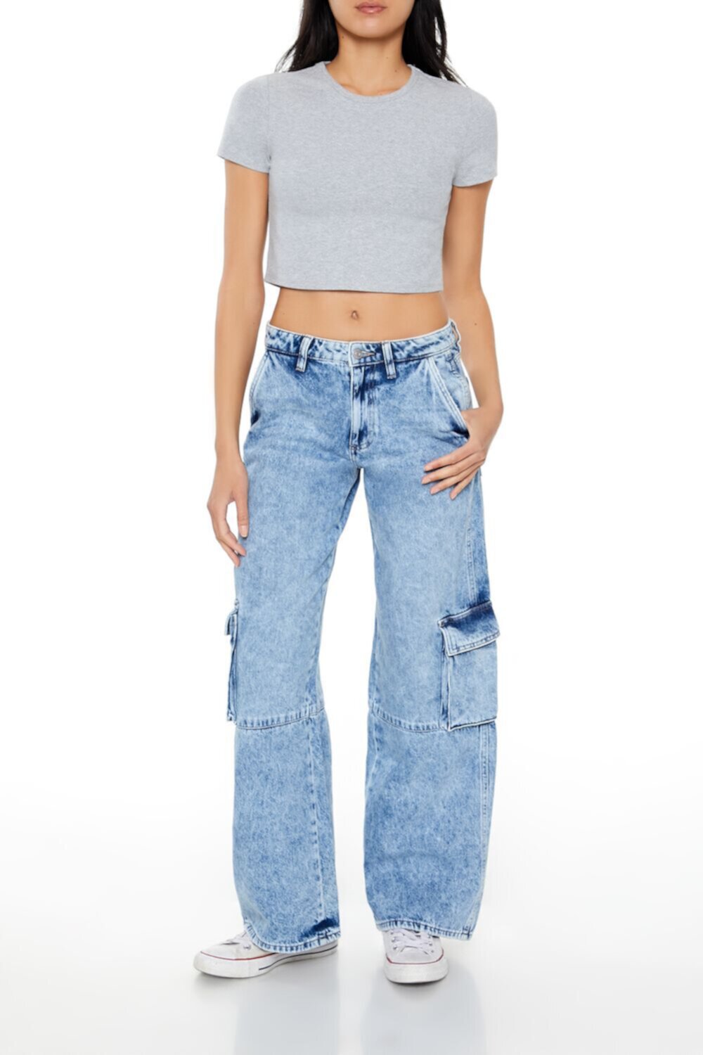 Mineral Wash Mid-Rise Cargo Jeans Forever21