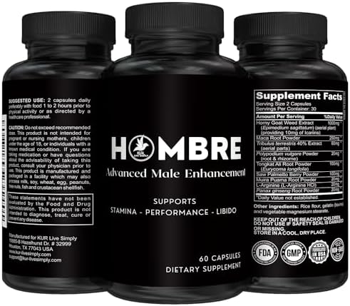 Hombre Male Enhancing Supplement – Add 2 in 60 Days With Our Enlargement Pills for Men Muscle Growth – Increase Size, Strength, Stamina – Endurance, Performance, Energy Booster - 60 Capsules KUR Live Simply