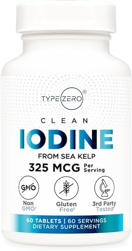 Type Zero Clean Iodine Tablets (60 Servings, 325 MCG Per Serving) - from Sea Kelp, Non-GMO, Gluten Free Type Zero