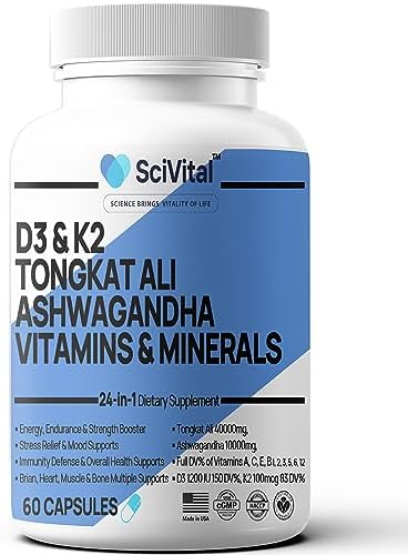 Ashwagandha 10000mg Tongkat Ali 40000mg Supplement with Multivitamin D3 K2 - Men's Health & Stress, Mood, Energy, Endurance Support - Ashwagandha Capsules Tongkat Ali for Men USA - 60 Count SciVital