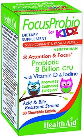 FocusProbio for Kidz, 60 Chewable Tablets, Supports Cognitive Function for Attention and Focus. Blackcurrant and Vanilla Flavor, Contains Vitamin D & Iodine. Acid & Bile Resistant Strains. Vegetarian HealthAid