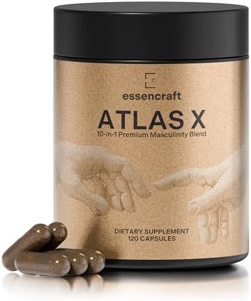 ATLAS X 10-in-1 Masculinity Maximiser Supplement for Men - Energy, Strength & Vitality Capsules with Shilajit, Ashwagandha, Zinc, Safed Musli, Tongkat Ali, Black Maca, Fadogia Agrestis, 2 Month Supply Essencraft