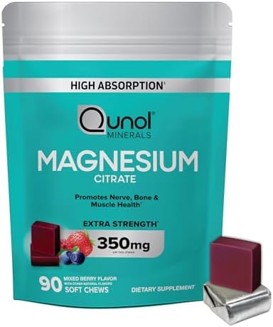 Qunol Magnesium Citrate Soft Chews, 350mg Extra Strength Magnesium Supplement, High Absorption to Support Nerve, Bone and Muscle Health, 90 Count Qunol