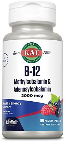 KAL Vitamin B12 Methylcobalamin and Adenosylcobalamin 2000 mcg ActivMelt, B12 Energy Supplements, Metabolism, Nerve, Red Blood Cell Support, High Absorption, Natural Berry, 60 Serv, 60 Micro Tablets Kal