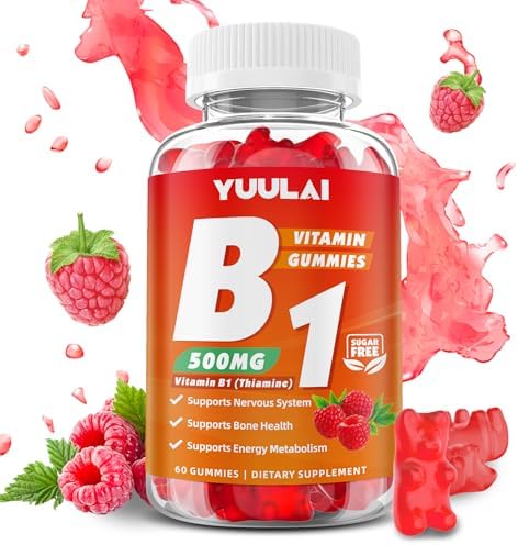 Vitamin B1 Gummies 500mg for Adults & Kids, Thiamine B1 Supplement with Magnesium, Vitamin B1 Supplement for Nervous System Supports & Boost Energy, Raspberry Flavor, 60 Count YUULAI