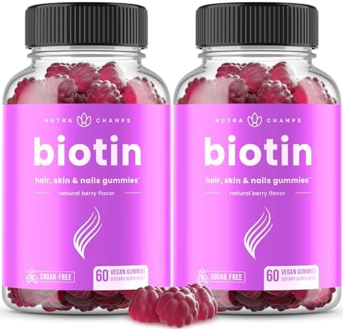 NutraChamps Sugar Free Biotin Gummies 10000mcg [High Potency] - Healthy Hair, Skin & Nails for Women, Men & Kids - 5000mcg in Each Gummy - Vegan, Non-GMO, Hair Health Vitamins Supplement - Raspberry NutraChamps