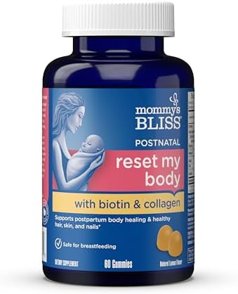 Mommy's Bliss Postnatal Support Reset My Body Gummies with Biotin & Collagen, Supports Postpartum Energy, Healing & Joint Health + Hair, Skin & Nails Health, Gluten Free, 60 Gummies (30 Servings) Mommy's Bliss