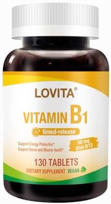 Lovita Vitamin B1 (Thiamine) 50mg, Timed Release, 8 Hours Sustained, with Vitamin B12 100mcg, Support Metabolism & Nerve Health, 130 Vegan Tablet Lovita