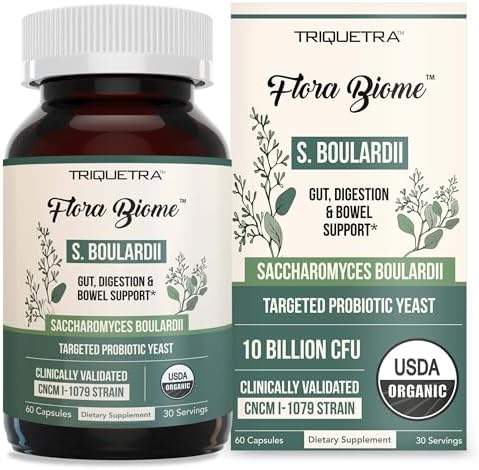 Organic Saccharomyces Boulardii - 10 Billion CFU - Clinically Validated CNCM I-1079 Probiotic Strain - Gut, Digestion & Healthy Bowel Support - First Organic Form of S. Boulardii Probiotic - 60 Count Triquetra Health