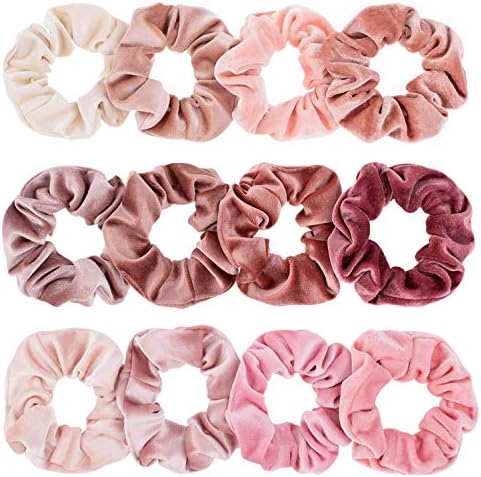 Whaline 12Pcs Blush Theme Scrunchies Velvet Elastics for Women Pink Bobbles Soft Lovers Scrunchy Classic Thick Hair Bands Ties Gifts for Teenage Girls Whaline