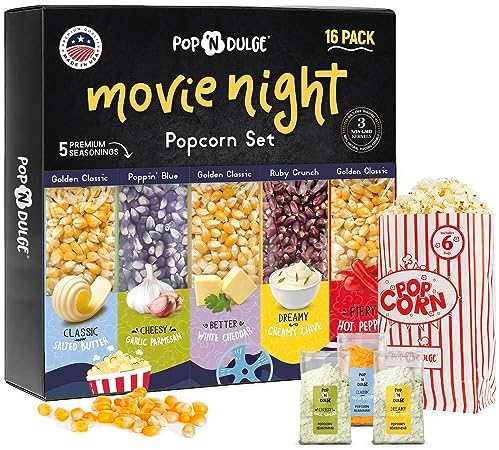 Popcorn Movie Night Supplies Popcorn Kernels Popcorn Seasoning 16 Pack, 5 Gourmet Popcorn Kernels, 5 Popcorn Seasoning Variety Packs Non-GMO Snacks, Includes 6 Bags, Gift Basket Idea Pop n' Dulge