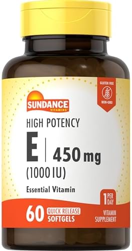 Sundance High Potency Vitamin E | 450mg (1000 IU) | 60 Softgels | Essential Vitamin Supplement | Non-GMO and Gluten Free Formula Sundance