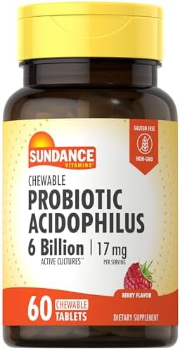 Sundance Probiotic Aciophilus 17mg | 6 Billion Active Cultures | 60 Chewable Tablets | Berry Flavor | Vegetarian, Non-GMO, and Gluten Free Supplement Sundance