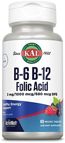 KAL Vitamin B-6, B-12 & Folic Acid Supplement, Heart Health, Energy & Red Blood Cell Support*, with Vitamin B12 Methylcobalamin & Folate, Natural Berry Flavor, 60 Servings, 60 ActivMelt Micro Tablets Kal