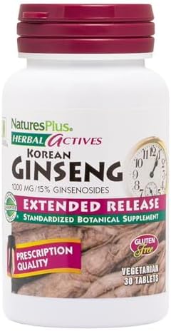 NaturesPlus Herbal Actives Korean Ginseng, Extended Release - 1000 mg, 30 Vegan Tablets - Adaptogenic Herbal Supplement, Antioxidant - Vegetarian, Gluten-Free - 30 Servings Natures Plus