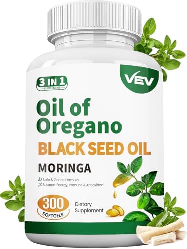 VEV Oil of Oregano 6,000 MG with Black Seed Oil 300 MG & Moringa, Carvacrol-Rich, Opaque Airtight Packaging, 300 Softgels (Packaging May Vary) Vev