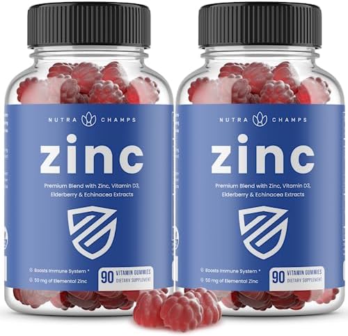 NutraChamps Zinc Gummies | 4-in-1 Zinc Gummies Adult | Zinc Chewable 50mg | Chewable Zinc Supplement Gummies with Vitamin D3 2000 IU, Elderberry & Echinacea | Immune, Heart & Brain Support | 90 Count NutraChamps