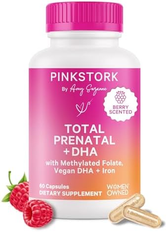 Pink Stork Total Prenatal Vitamins with DHA, Folate, Iron, Choline, and Vitamin B12 - Prenatals for Women to Support Fetal Development, Pregnancy Must Haves - 60 Capsules, 1 Month Supply Pink Stork