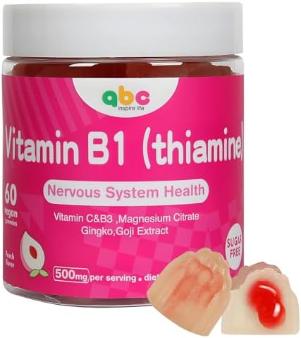 Vitamin B1 Gummies Chewable Thiamine 500mg & Vitamin B3 & Vitamin C,Sugar Free - Non GMO,Vegan,Natural Peach Flavor - Thiamine B1 Supplement for Adults & Kids INSPIRELIFE ABC