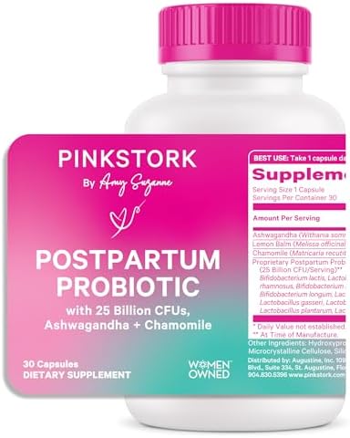 Pink Stork Probiotics for Postnatal Women - 30 Billion CFUS with Ashwagandha and Chamomile, Postpartum Essentials for Hormone Balance, Mood Support, Gut Health, Digestive Wellness, 30 Capsules Pink Stork