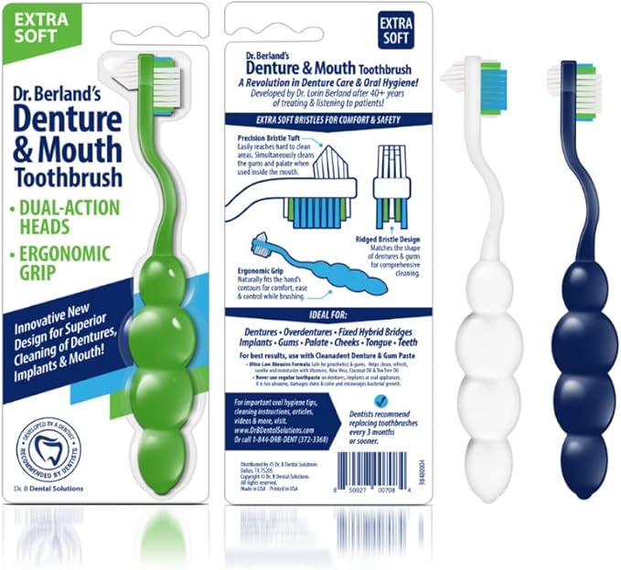 Dr. B Dental Solutions Ergonomic Denture Toothbrush Extra Soft Bristles, Removes Stains & Odor Precision Design for Implants & Overdentures Single Blue Pack Dr. B Dental Solutions