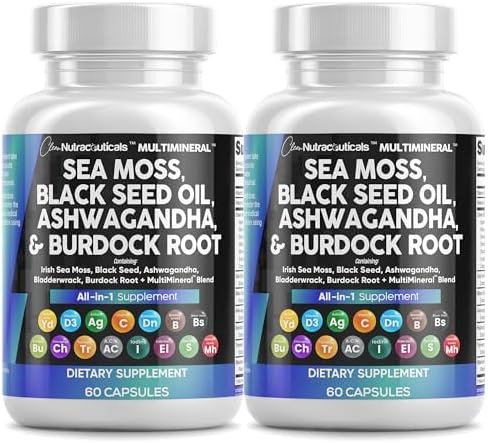 Clean Nutraceuticals Sea Moss Black Seed Oil Ashwagandha Turmeric Bladderwrack Burdock & Vitamin C Vitamin D3 with Elderberry Manuka Dandelion Yellow Dock Iodine Chlorophyll ACV - 2Pack Clean Nutraceuticals