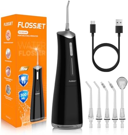 Water Dental Flosser Teeth Pick Cordless Oral Irrigator with 300ml 5 Tips 4 Modes USBCharger Portable Travle Irrigation Cleaner IPX7 Electric Irrigador Dental for Teeth Cleaning (Black) FlossJet