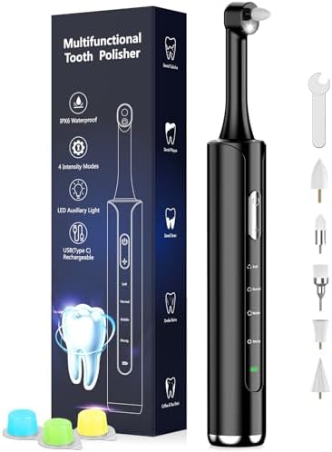 Tooth Polisher, Rechargeable Teeth Polisher with 5 Brush Heads, 4 Speed Modes, Dental Polisher for Whitening and Polishing, LED Light, 3 Polish Pastes, IPX6 Waterproof Teeth Cleaning Tools, Black CrazyNov