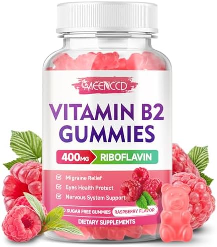 Vitamin B2 Gummies Riboflavin 400mg Supplement with Magnesium for Kids & Adults, B2 Gummies for Migraine Relief & Nervous System Support, Vegan, Sugar-Free, Raspberry Flavor, 60 Count MEENCCD