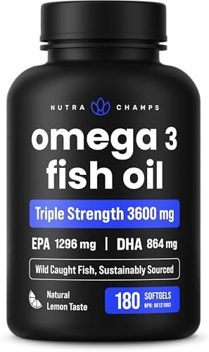 NutraChamps Omega 3 Fish Oil Supplements 3600mg with EPA & DHA, High Potency Omega 3 Supplement to Support Heart, Immune Health, 180 Natural Lemon Burpless Fish Oil Capsules NutraChamps